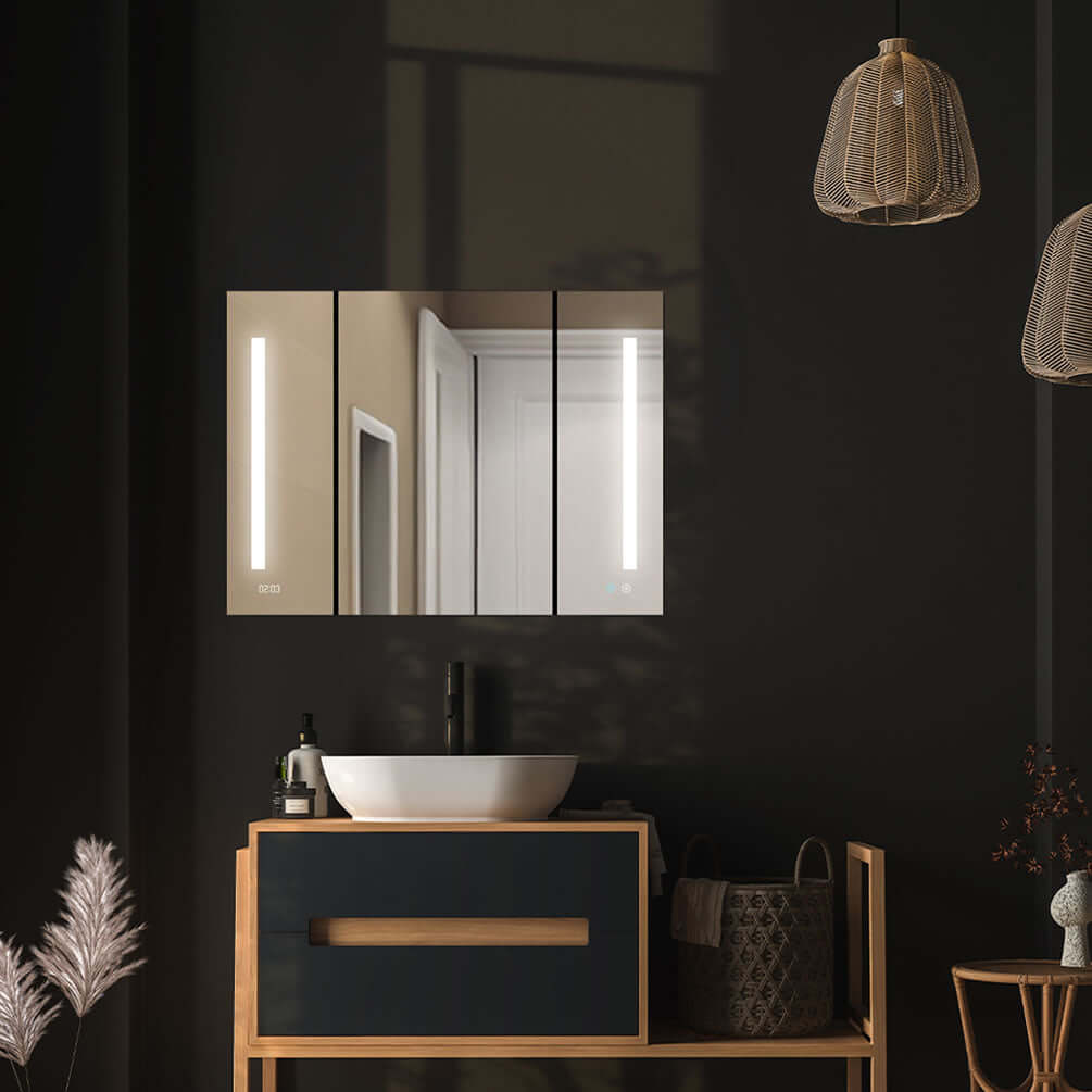 Aquadom 36" x 30" High Signature Medicine Cabinet with LED lighting controlled by mirror-face touch sensors that control both brightness and lighting color.