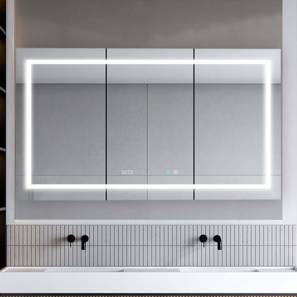 Aquadom SIGNATURE Royale 3-Door LED Medicine Cabinet with adjustable LED lighting and frosted mirrored doors.
