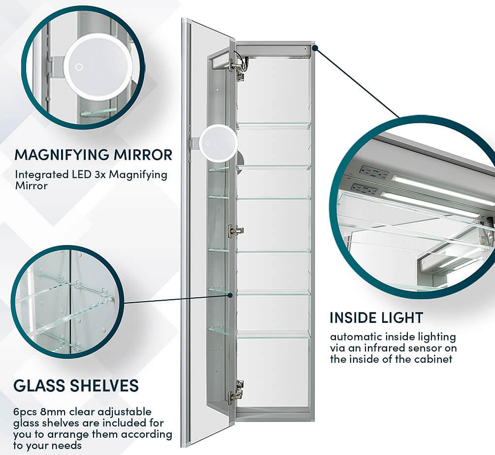 Hinged at Left or at Right, the Aquadom Edge Royale extra-tall medicine cabinet includes numerous features.