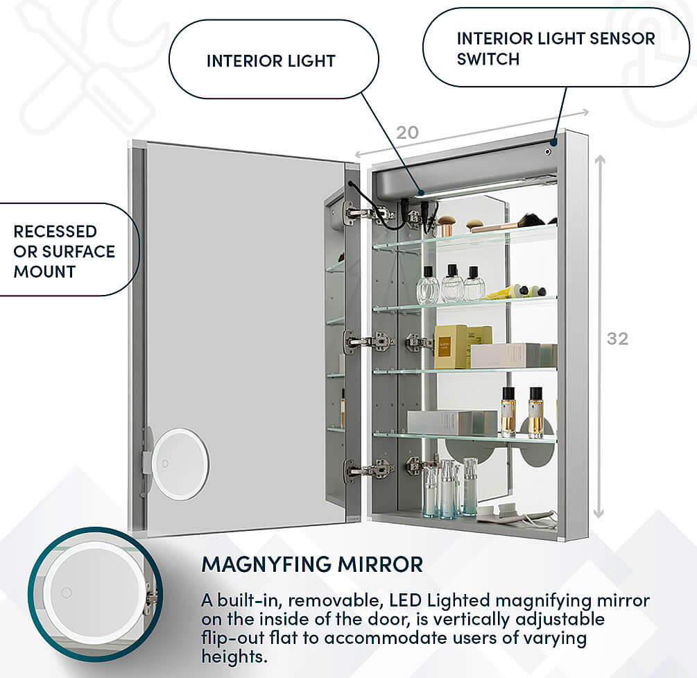 Aquadom Edge Royale 20" and 24" Medicine Cabinet features.