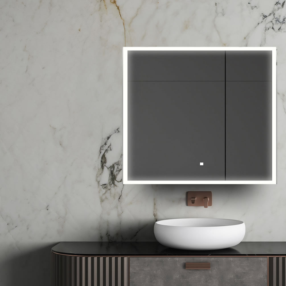 36" x 32" High Aquadom 2-Offset Door Medicine Cabinet with 3x LED Makeup Mirror inside, and perimeter LED 6,500k (daylight) lighting on the front face.