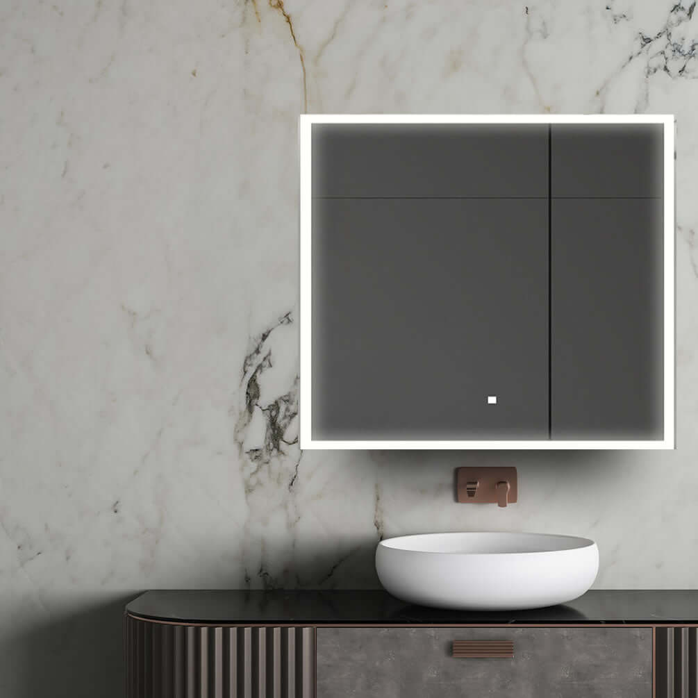 36" x 32" High Aquadom 2-Offset Door Medicine Cabinet with 3x LED Makeup Mirror inside, and perimeter LED 6,500k (daylight) lighting on the front face.
