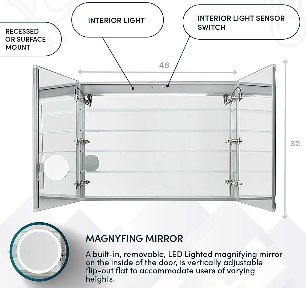 Aquadom EDGE Royale 2-Door LED Medicine Cabinet with 3x Makeup Mirror - 48" Wide, 32" High