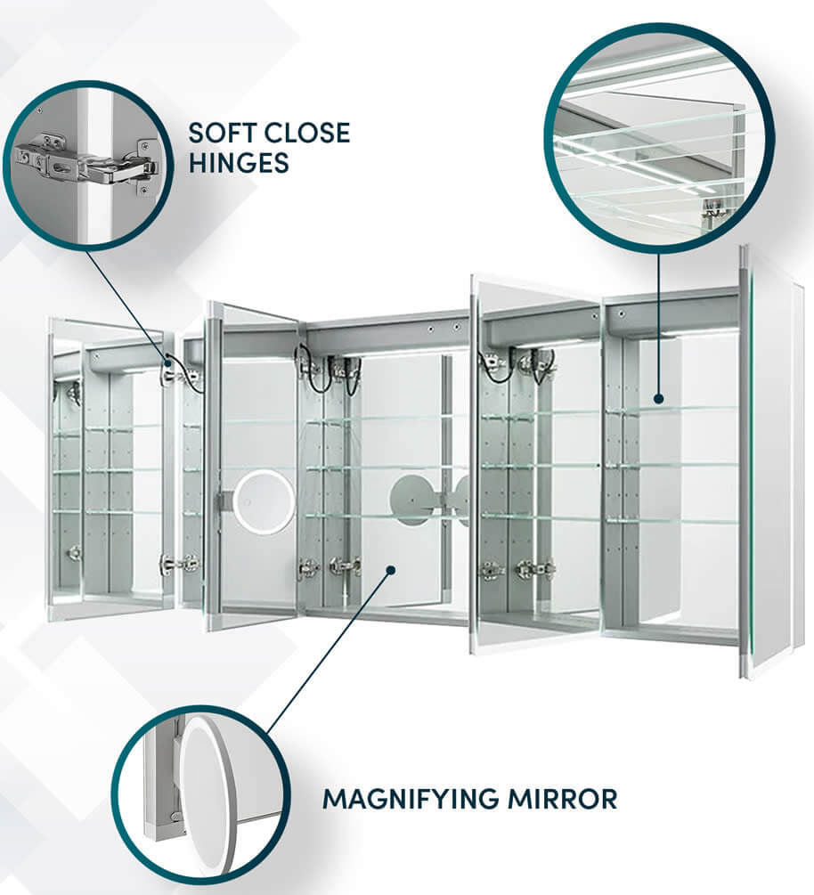 Aquadom 72" Edge Royal Medicine Cabinet with LED lighting at 6,500k (daylight), soft close hinges, dimmer, defogger, and more.