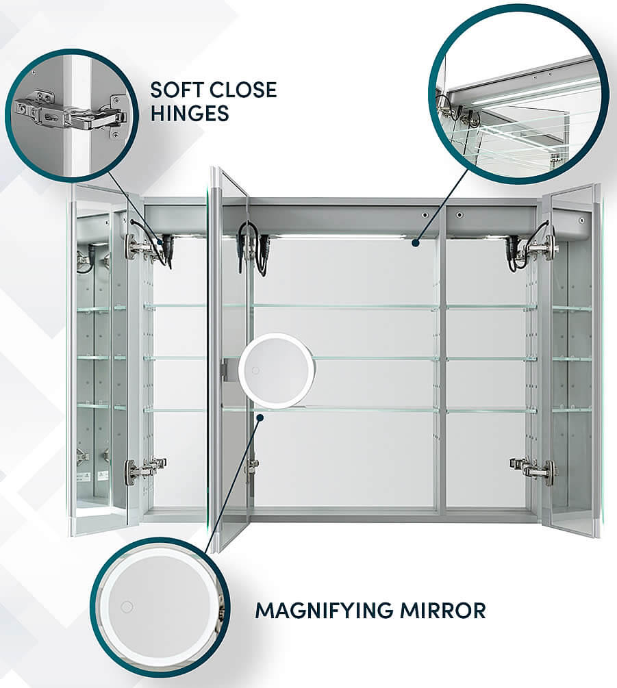 Edge Royale 3-Door LED Cabinet with 3x Makeup Mirror, 48" or 60" W, 32" H - Aquadom - Perfect Makeup Mirrors