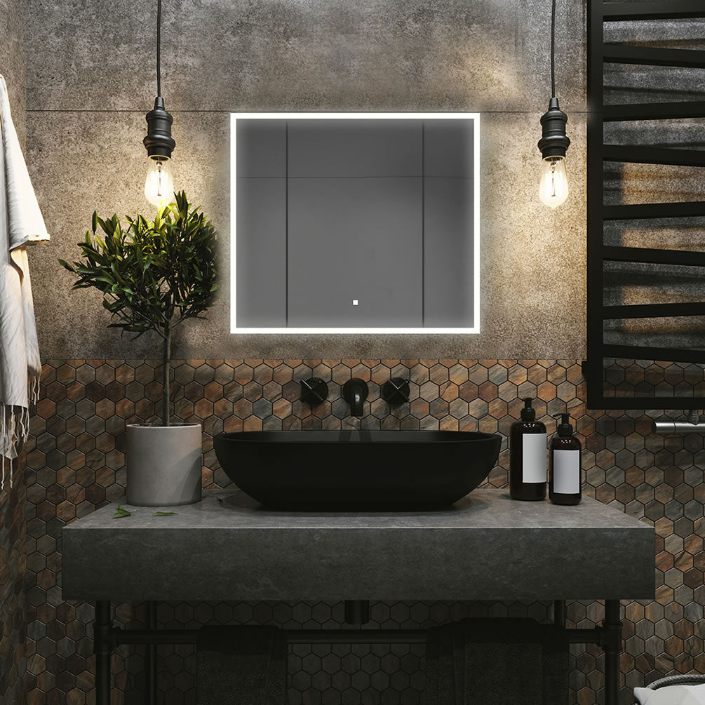 Edge Royale by Aquadom.  36" x 32" High. Interior lighting comes on automatically when the door is opened, and there's a 3x LED Magnifying Makeup Mirror inside - detachable.