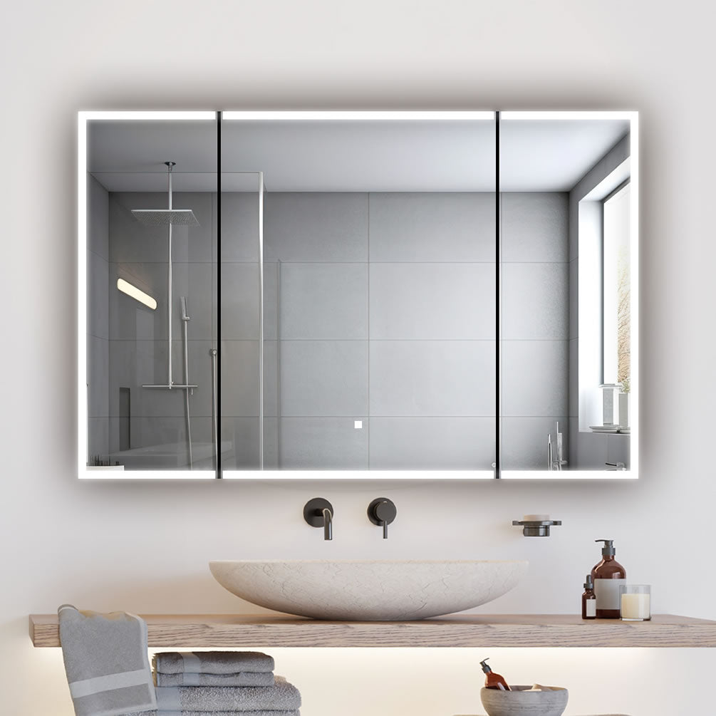 48" Wide x 32" High, the left and center doors open with hinges on the left, while the right-hand door has its hinges on the right.  Finger recesses for opening/closing on the doors edges keep the mirrors fingerprint-free.