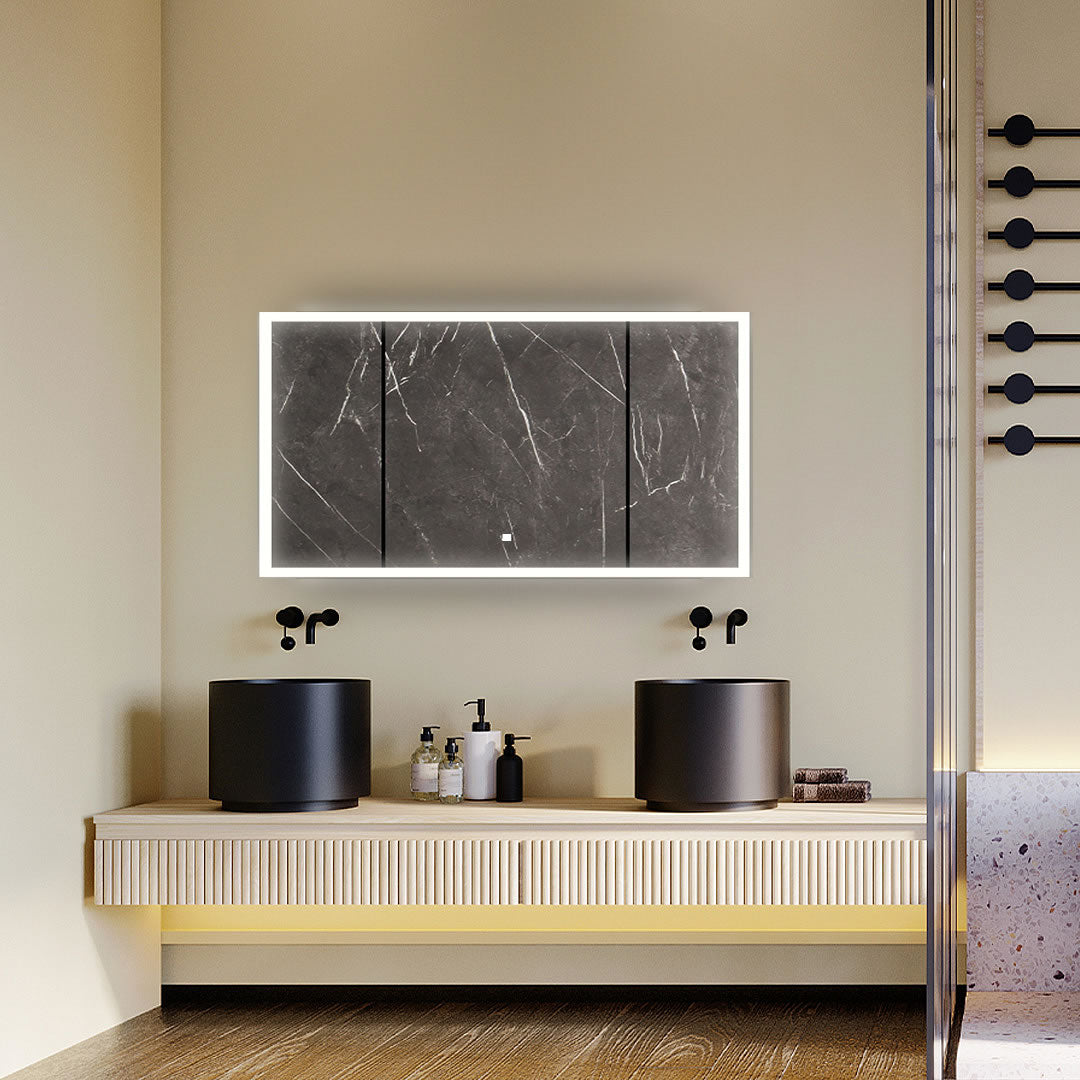 60" Wide x 32" High, the Edge Royale has a touch sensor dimmer control  on the door front, and an electrically heated anti-fog panel to keep the mirror fog-free even after a steamy shower.