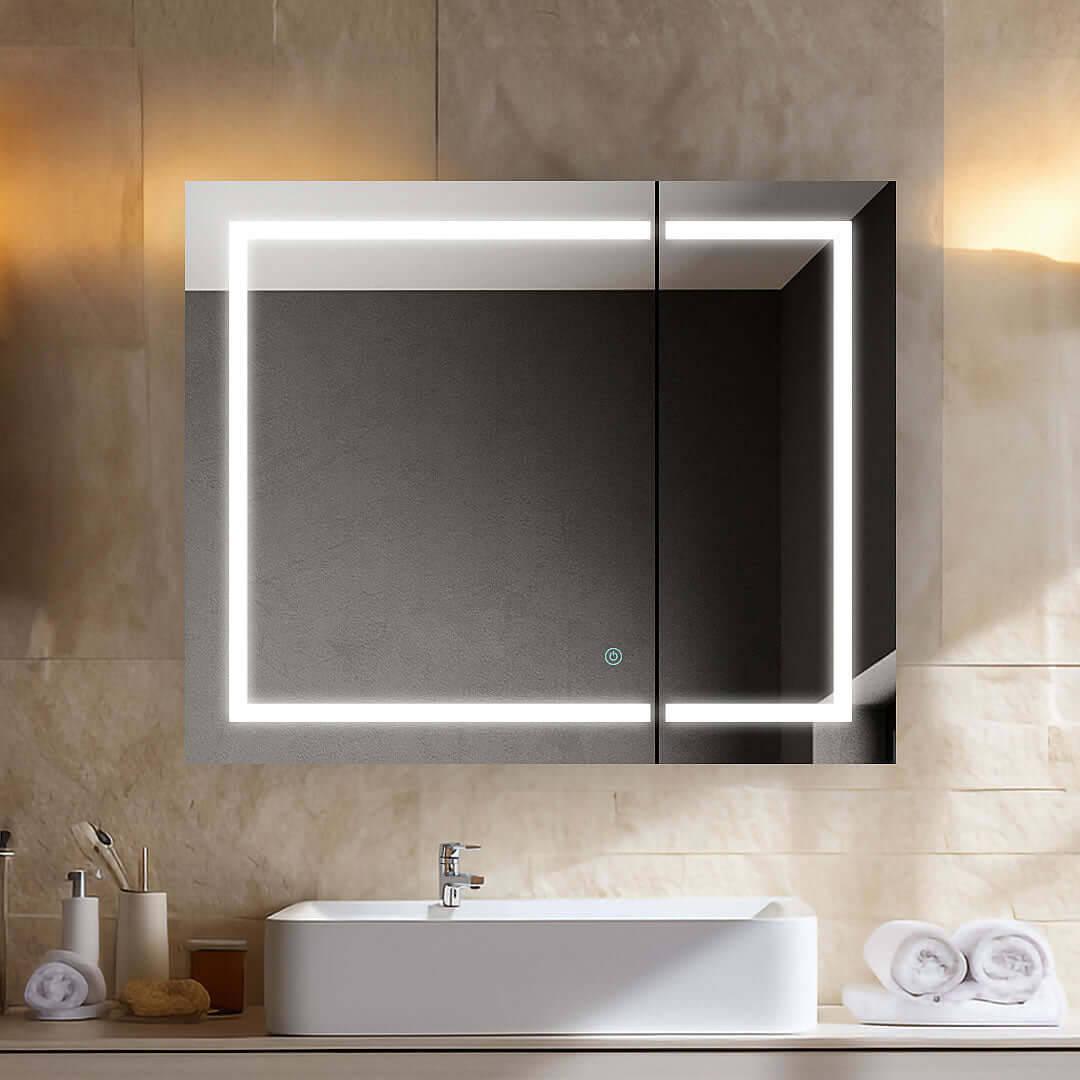 36" Wide x 30" High, the Aquadom Royale Plus Medicine Cabinet  has a built-in dimmer, defogger, interior lighting, intior electrical outlet, and more.