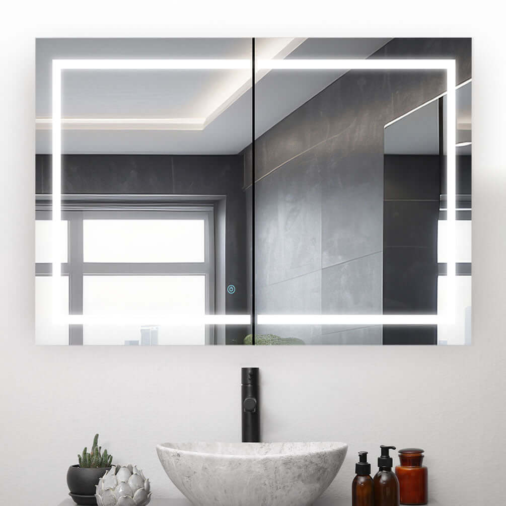 40" x 36" High Aquadom Royale Plus with 8mm adjustable glass shelves and 155-degree opening soft-close hinges, doors are mirrored inside and out, as is the back wall.