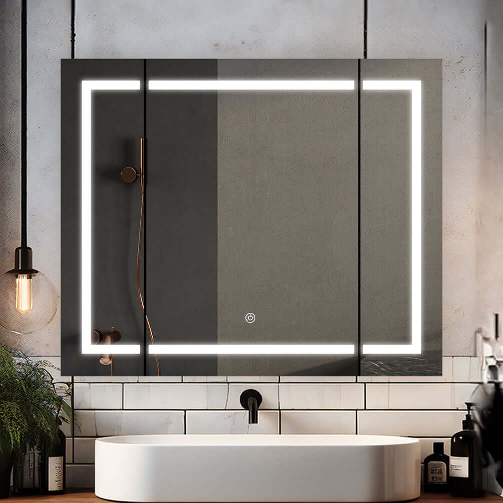 36" x 30" High.  Inside, there's an LED-lighted 3x Makeup mirror.  It's height adjustable and can be detached if necessary.