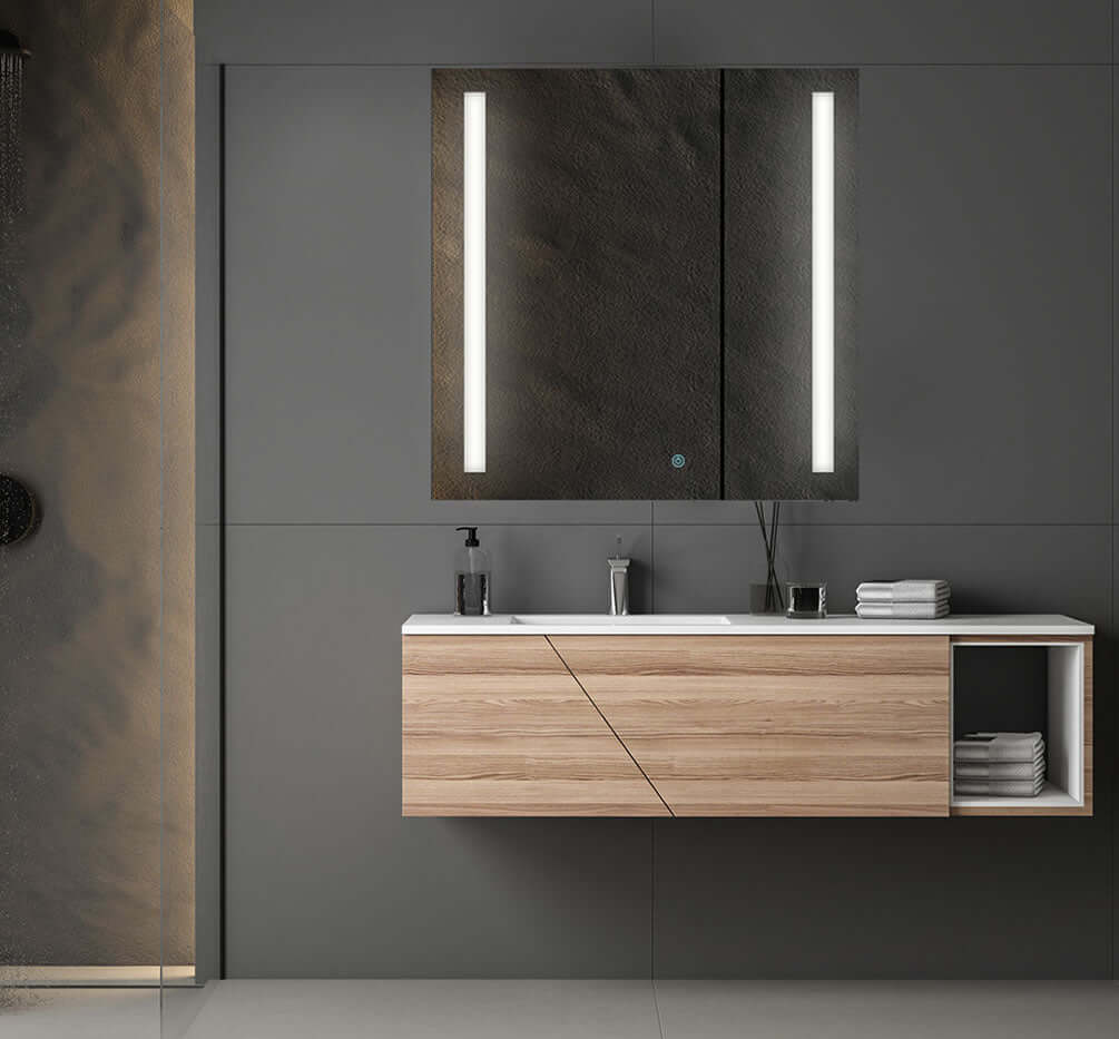 A Touch-Sensor on the face of the leftdoor controls the LED lighting.  Short press for on/off.  Long press for dimmer.