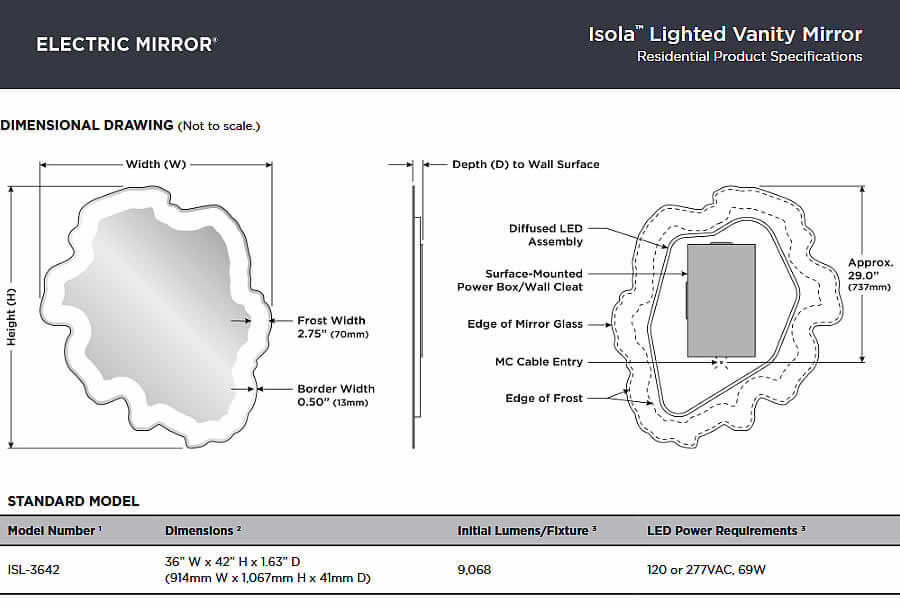 Isola by Electric Mirro - meets UL/cUL standards.  Wired for 120 Volt or 277 VAC connection.  Mount only vertically, as shown.