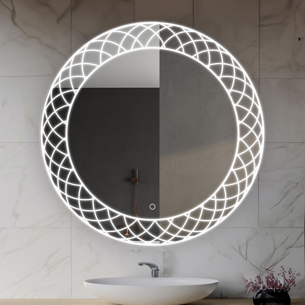 By Aquadom, the "Frost" LED Vanity Mirror has 6,500k (daylight) forward-facing task lighting and emits a gentle waall-glow from the sides.  This is the 30" size.