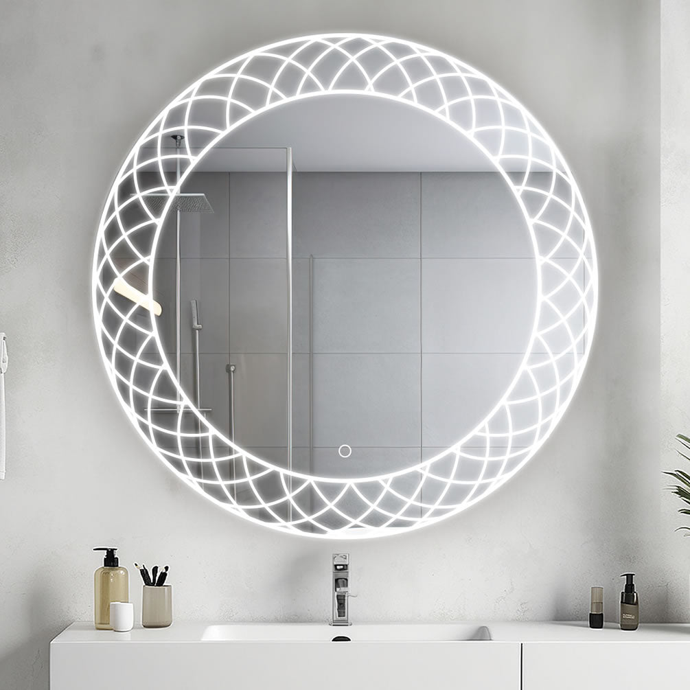 36" in diameter, the "Frost" LED Vanity mirror has a surface  touch contro dimmer.  Short press for on/off.  Long press for dimming.