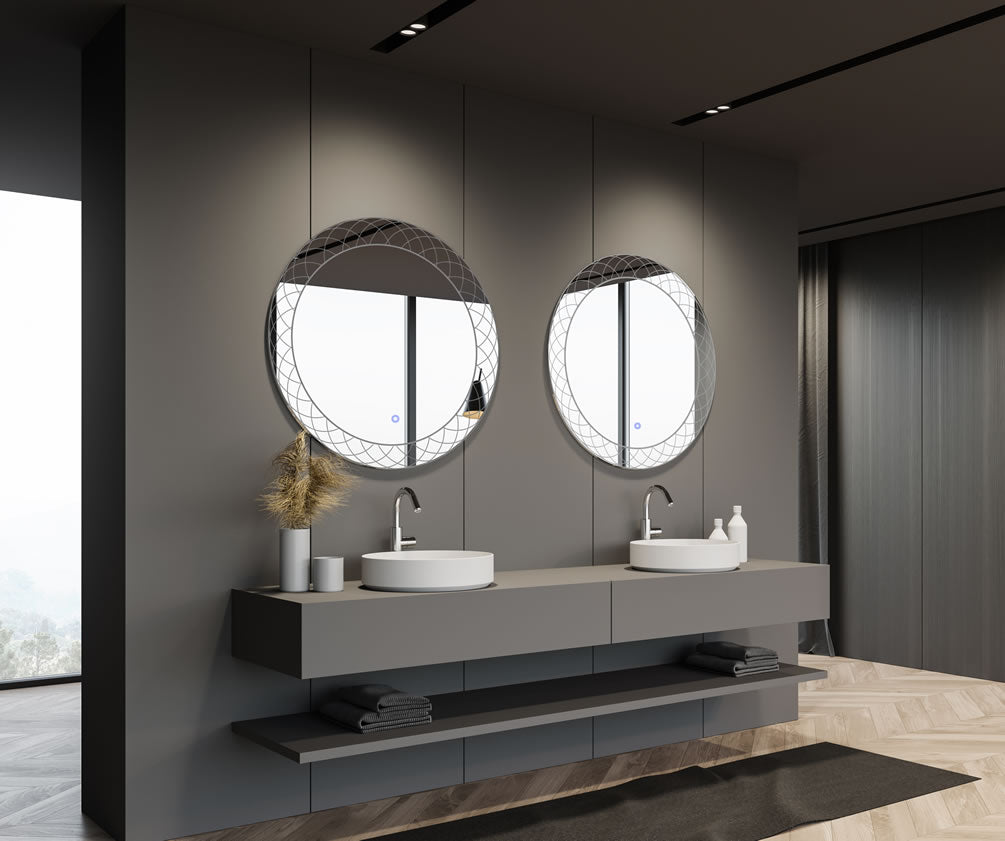 This is a commercial installation of two larger "Frost" Aquadom mirrors.  It illustrates how a double-mirror arrangement can add an elegant touch to a dual-sink bathroom - whether it be in a hotel or your home.