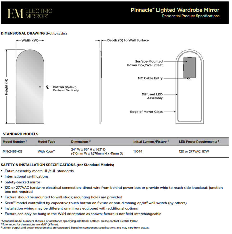Pinnacle Wardrobe Mirror with Keen Technology - Electric Mirror