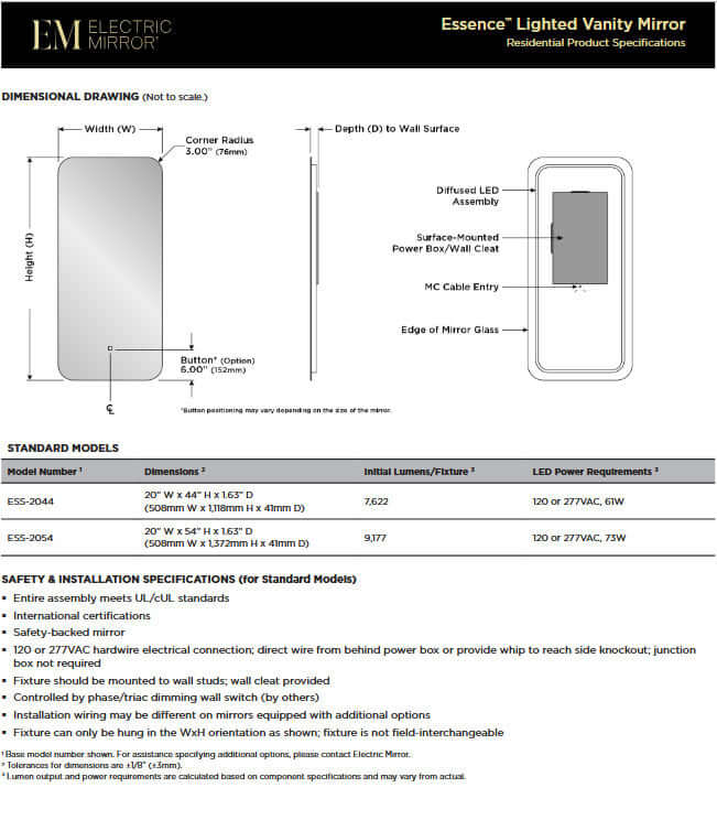 Essence LED Backlit Bathroom Vanity Mirror – 44" or 50" Tall, by Electric Mirror
