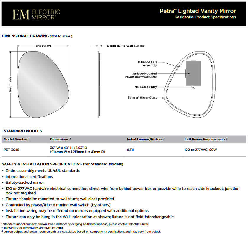 Petra LED Backlit Bathroom Vanity Mirror – 36" Wide x 48" High - by Electric Mirror