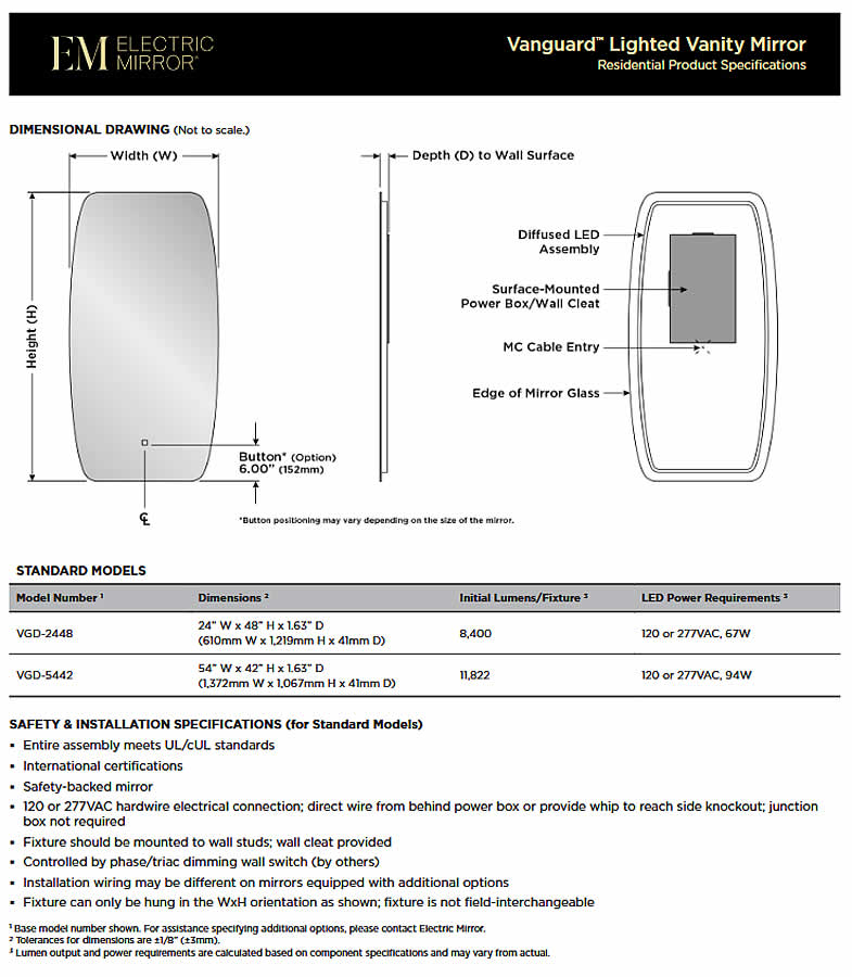 Vanguard LED Backlit Bathroom Vanity Mirror – Vertical and Horzontal Models  - by Electric Mirror
