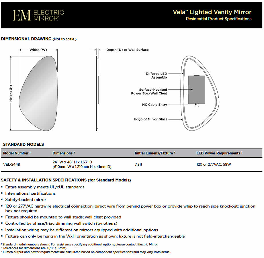 Vela LED Backlit Bathroom Vanity Mirror – 24" Wide x 48" High - by Electric Mirror