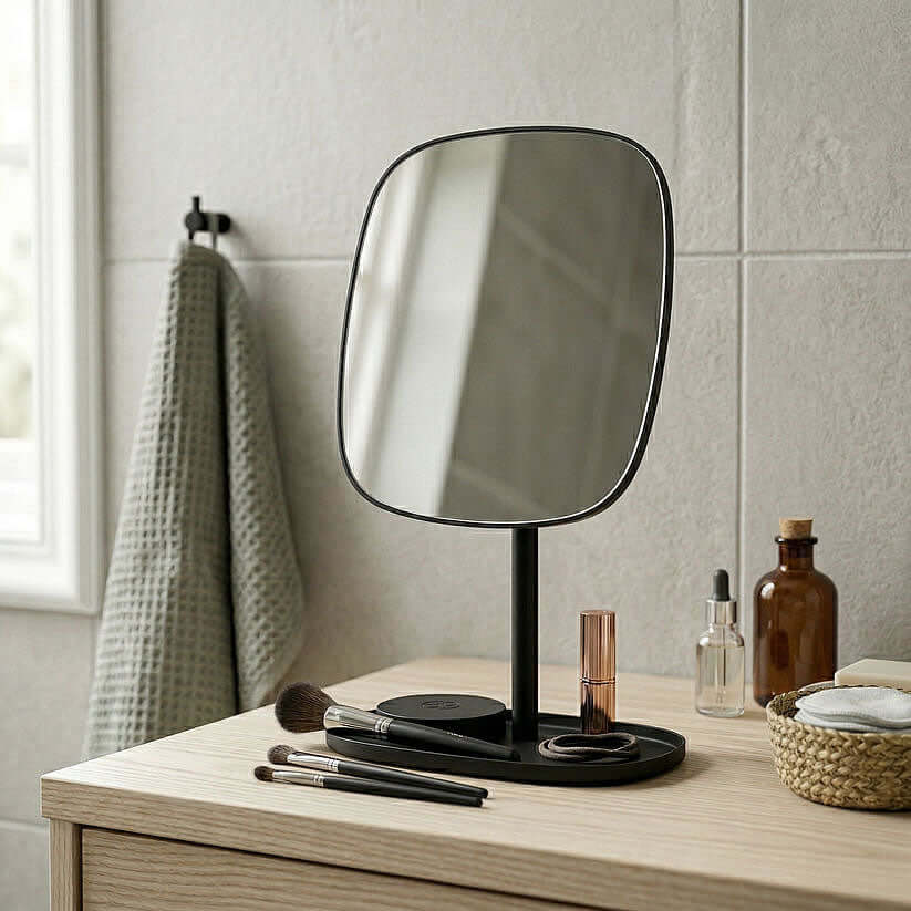 Free-Standing Makeup Mirror with Jewelry Tray - Black, Green, or White