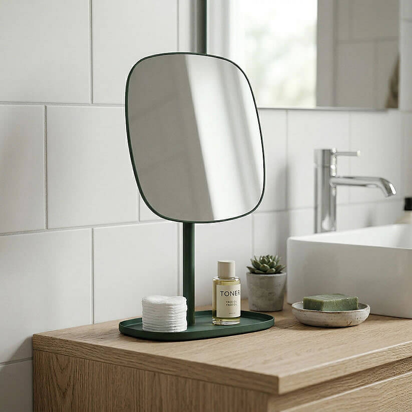 Free-Standing Makeup Mirror with Jewelry Tray - Black, Green, or White