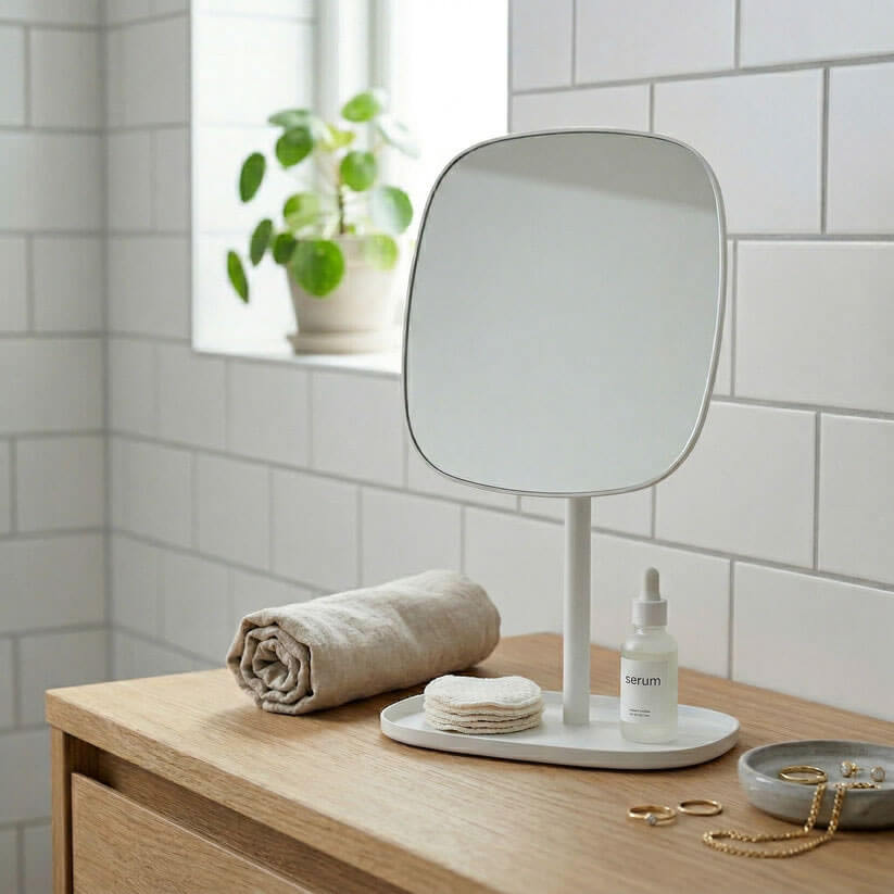 Free-Standing Makeup Mirror with Jewelry Tray - Black, Green, or White