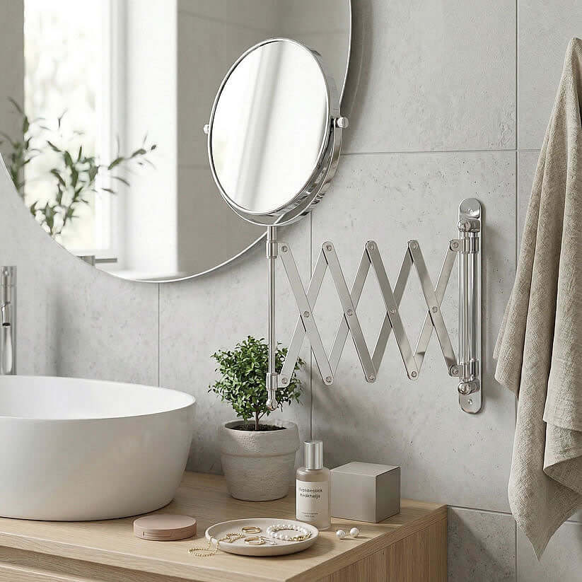 Pantograph Extension Makeup Mirror - 7x/1x Reversible, in Polished Chrome or Matte Black