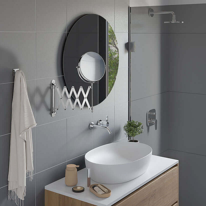 Pantograph Extension Makeup Mirror - 7x/1x Reversible, in Polished Chrome or Matte Black