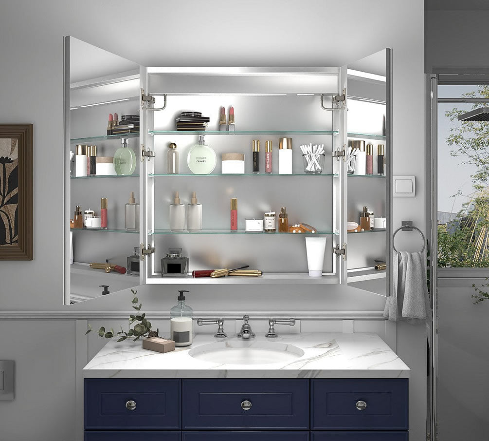 28" and 32" Wide Reluma cabinets have 3 adjustable tempered glass shelves, each can support up to 10 lbs. !  There are also 2 USB ports and a duplex 15 Amp AC outlet.  The door interiors are mirrored as is the backwall.