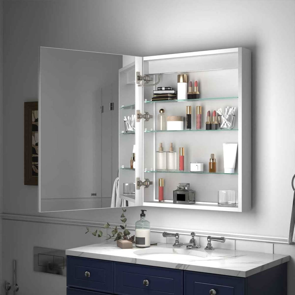 Reluma 24" x 32" Open - Showing ample storage space and 3 tempered glass adjusable shelves, each capable of supporting 10 lbs.  Additionally, there are 2 USB ports and 2 AC Outlets.