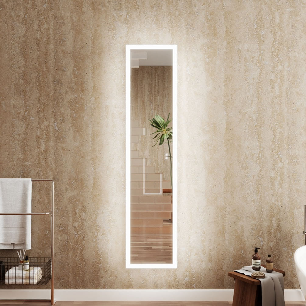16-1/8" Wide Cabinet/Wardrobe Mirror, front and back lights illuminated.