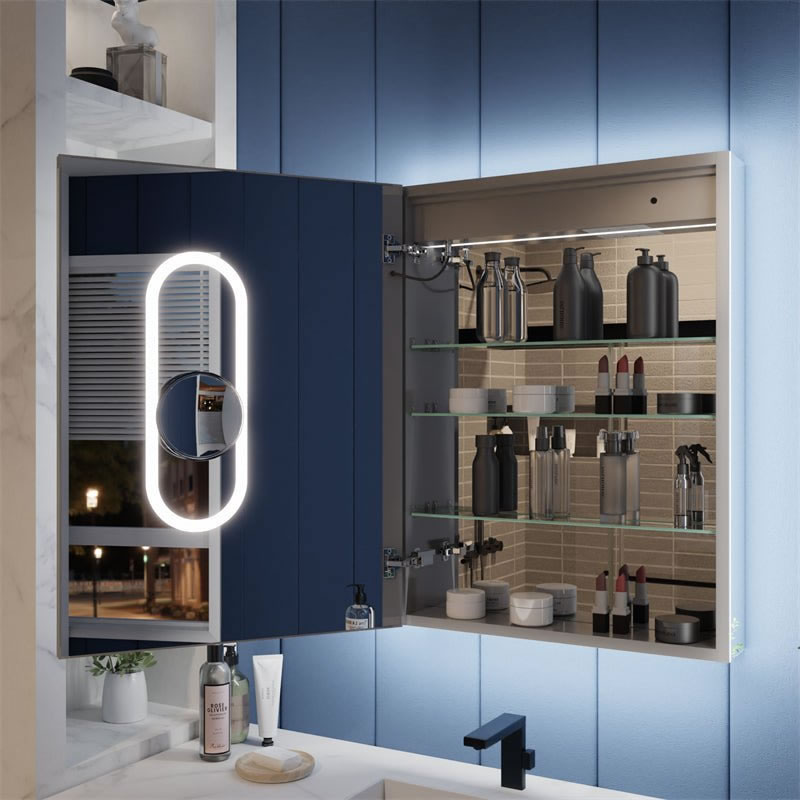 Iriel 24" x 32" High - open.  Magnetic makeup mirror with lights is visible inside the door, surrounded by LED lighting.