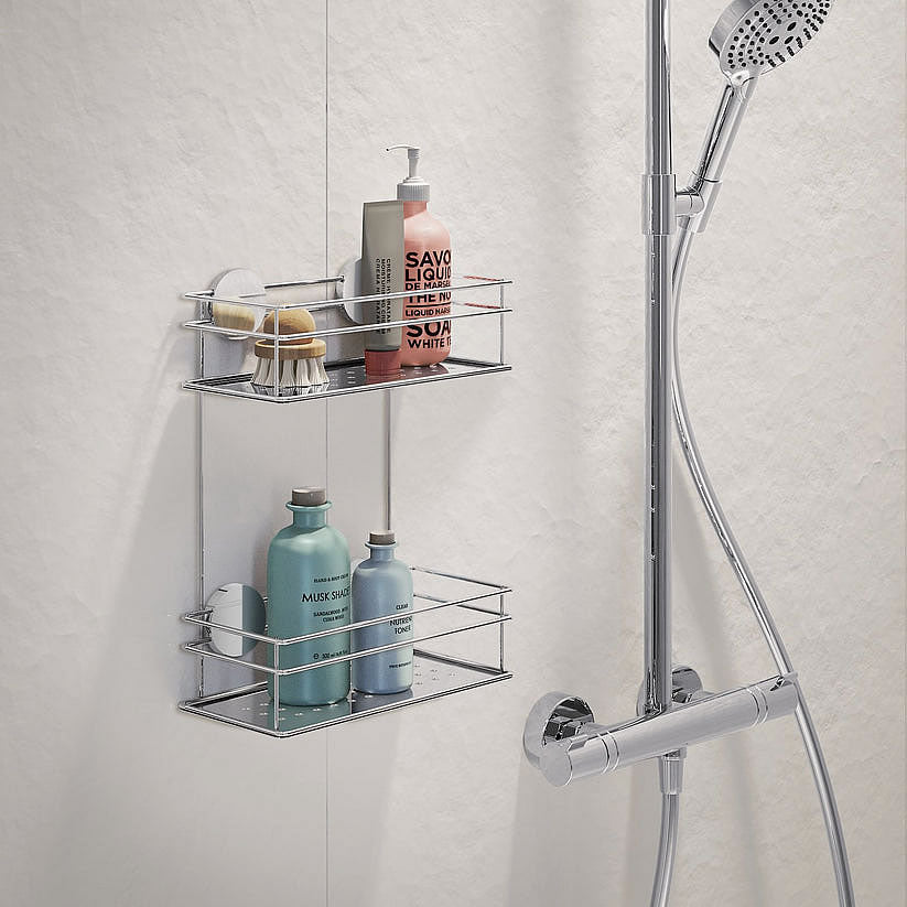 Stainless Steel Self-Adhesive Double Shower Basket, Polshed Chrome or Matte Black - by Beslagsboden