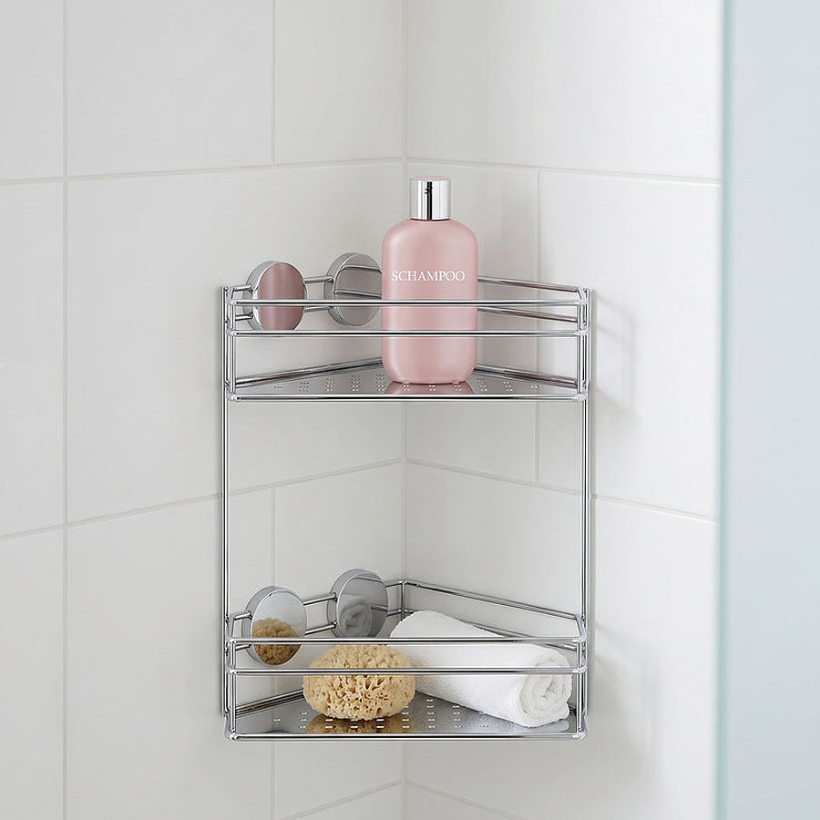 Stainless Steel Self-Adhesive Corner Shower Basket, Polshed Chrome or Matte Black - by Beslagsbode