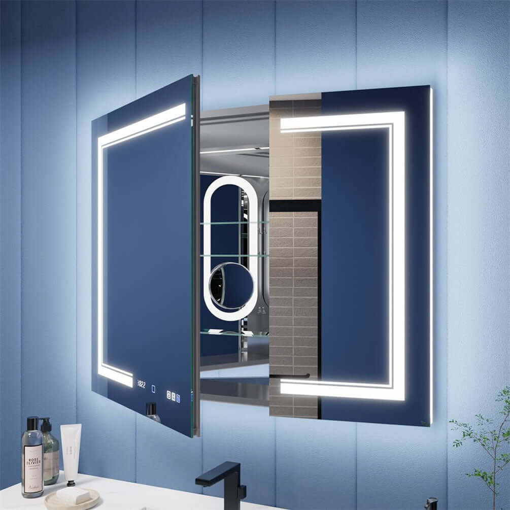 Iriel 40" x 32" and 42" x 36" Medicine Cabinets have LED magnifying mirrors inside the door - height adjustable.