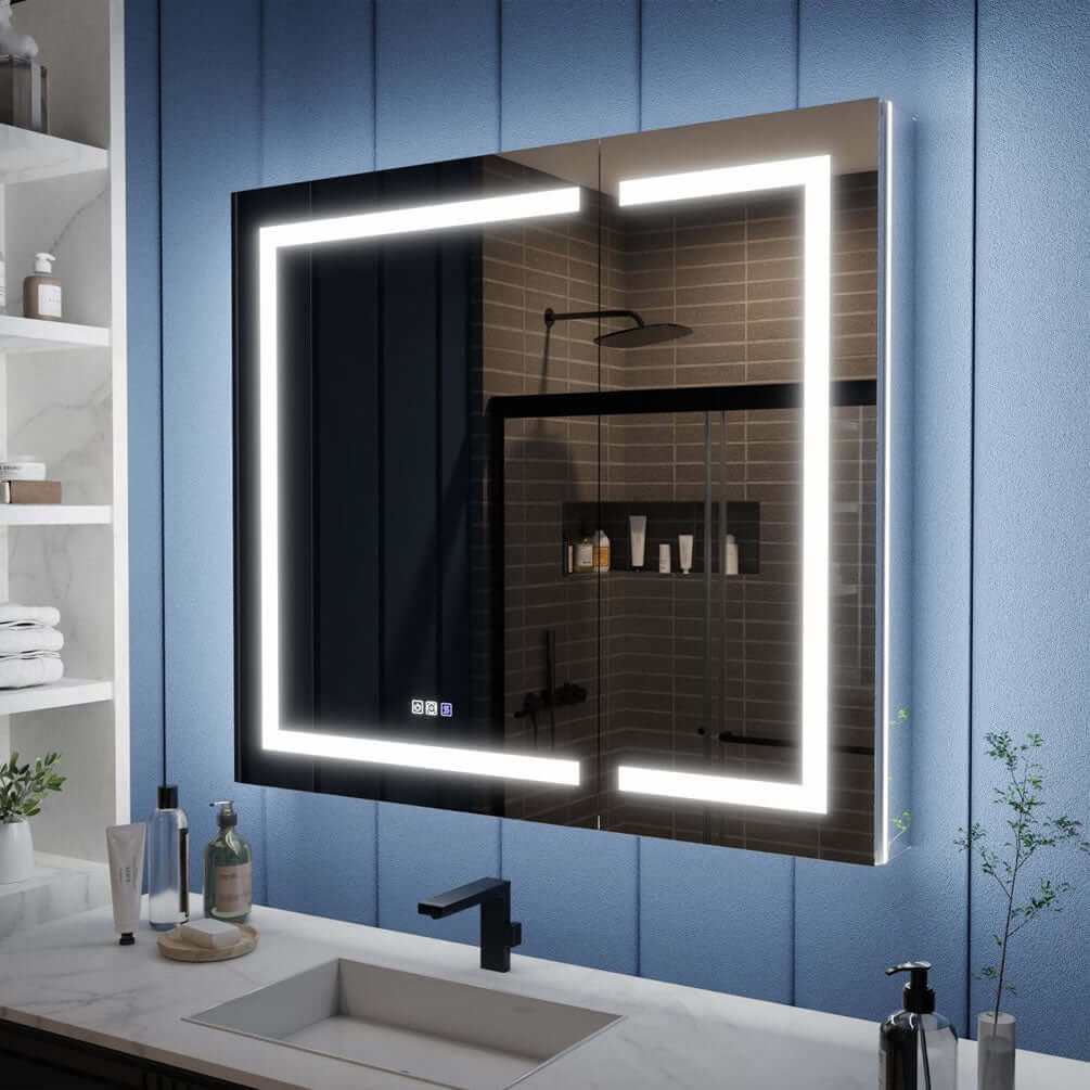 Mirror Luxe Iriel Medicine Cabinet 40" x 32" High oand 42" x 36" High:: Night light mode, interior lighting, wall glow back lighting and front-facing task lighting.  And numerous additional features.