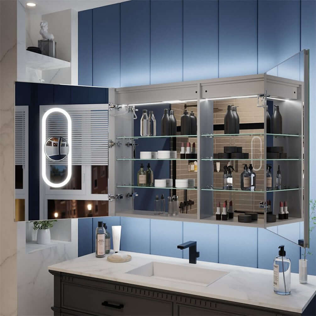 Iriel 40" x 32" High Medicine Cabinet by Mirror Luxe has plenty of storage spce inside; adjustable shelves, automatic lighting, a magnifying LED -lighted mirror, and more.