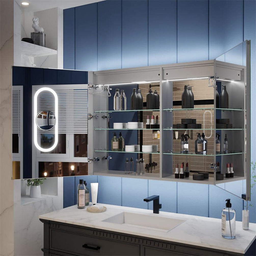 Iriel 40" x 32" High Medicine Cabinet by Mirror Luxe has plenty of storage spce inside; adjustable shelves, automatic lighting, a magnifying LED -lighted mirror, and more.