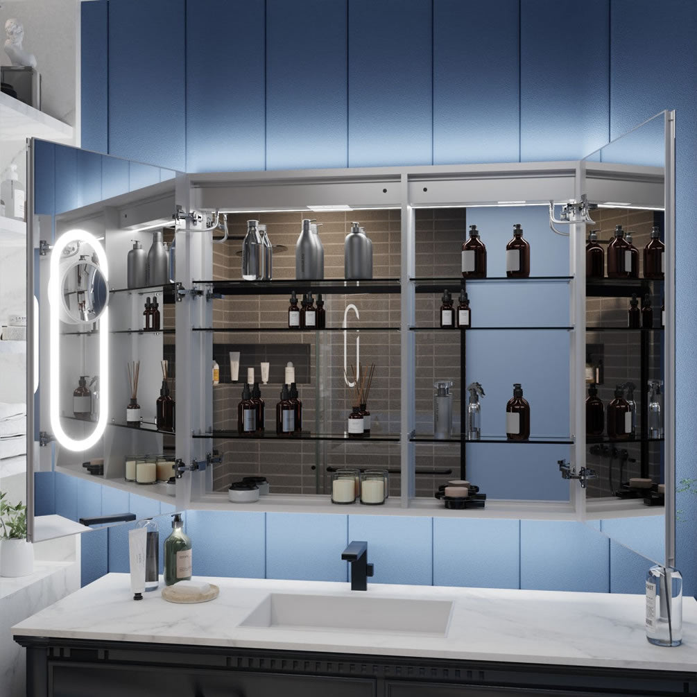 42" x 36" High Iriel Medicine cabinet has loads of storage space inside plus a double AC outlet, 2 USB ports, automatic lighting, and a magnifying mirror that's LED lighted inside the door.