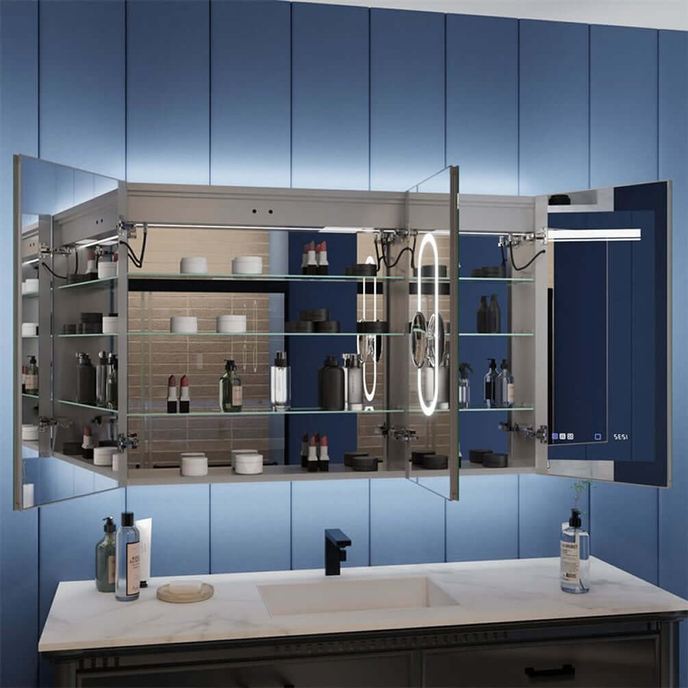 Iriel 48" x 32" Medicine Cabinet open, showing height-adjustable internal, lighted magnifying makeup mirror.