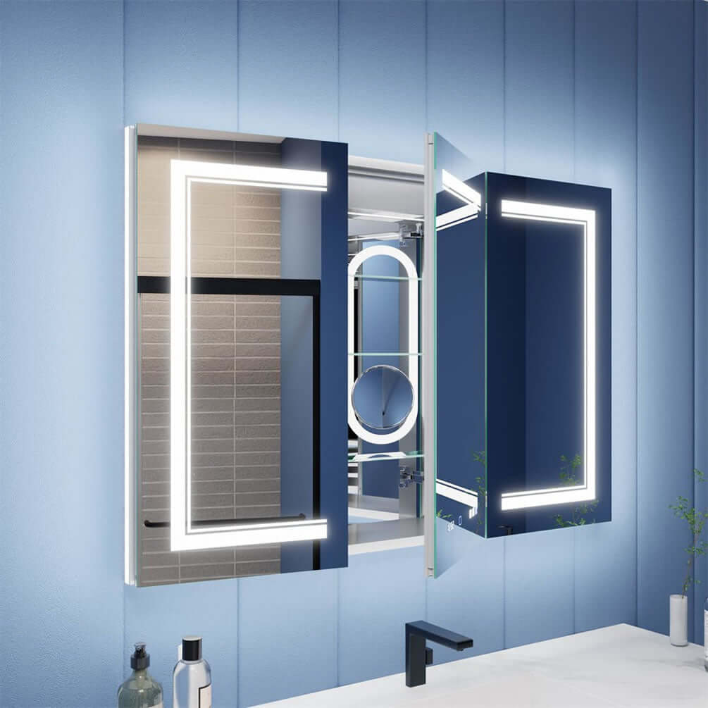 Iriel 48" Wide Medicine Cabinet, with middle door partially open showing the interior 5x height-adjustable makeup mirror with lights.