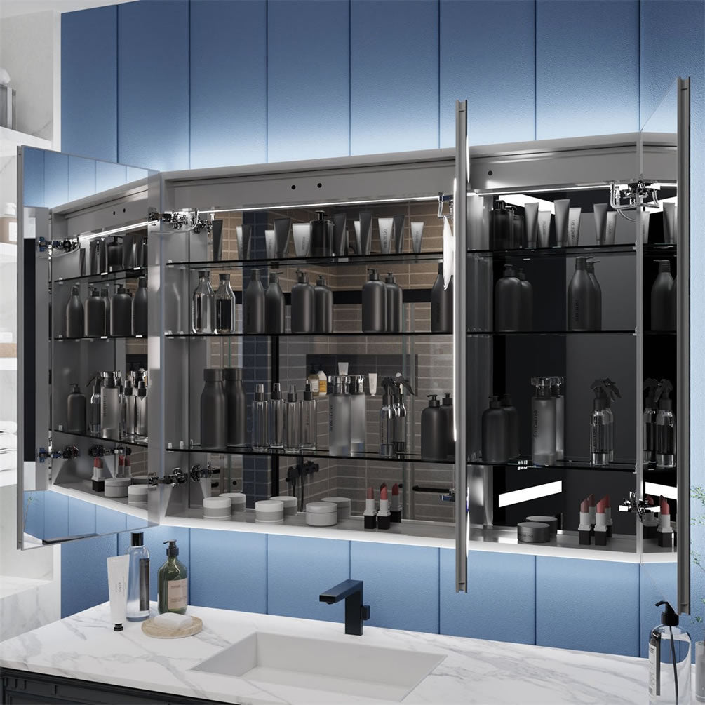 Gobs of storage!  The 54" Wide x 36" High Iriel Medicine Cabinet by Mirror Luxe.  There are 2 USB ports, a double AC outlet, and a mekup mirror with lights, in the interior.  The mirror is insside the door, LED illuminated, and height-adjustable.