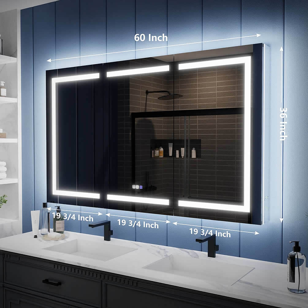 60" and 66" Wide Iriel LED Medicine Cabinets, Recessed or Surface Mount – by Mirror Luxe