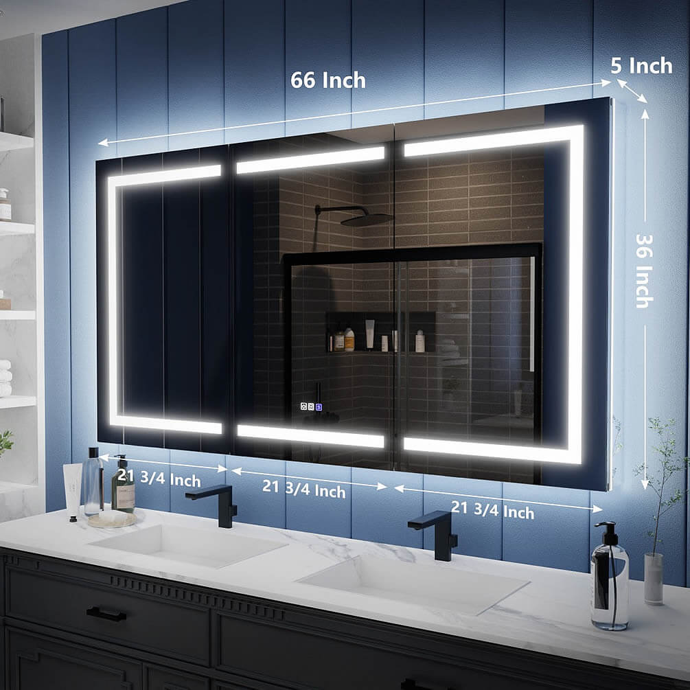 60" and 66" Wide Iriel LED Medicine Cabinets, Recessed or Surface Mount – by Mirror Luxe