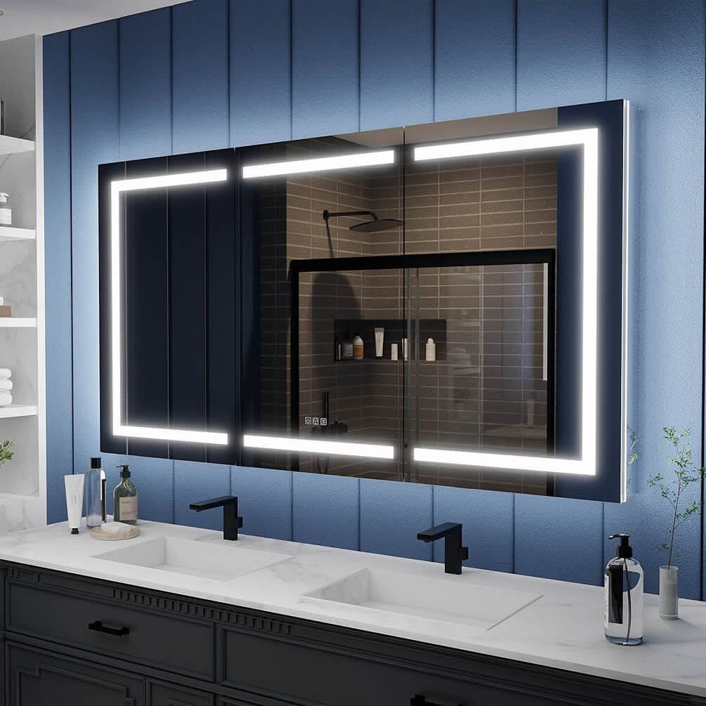 60" and 66" Wide Iriel LED Medicine Cabinets, Recessed or Surface Mount – by Mirror Luxe