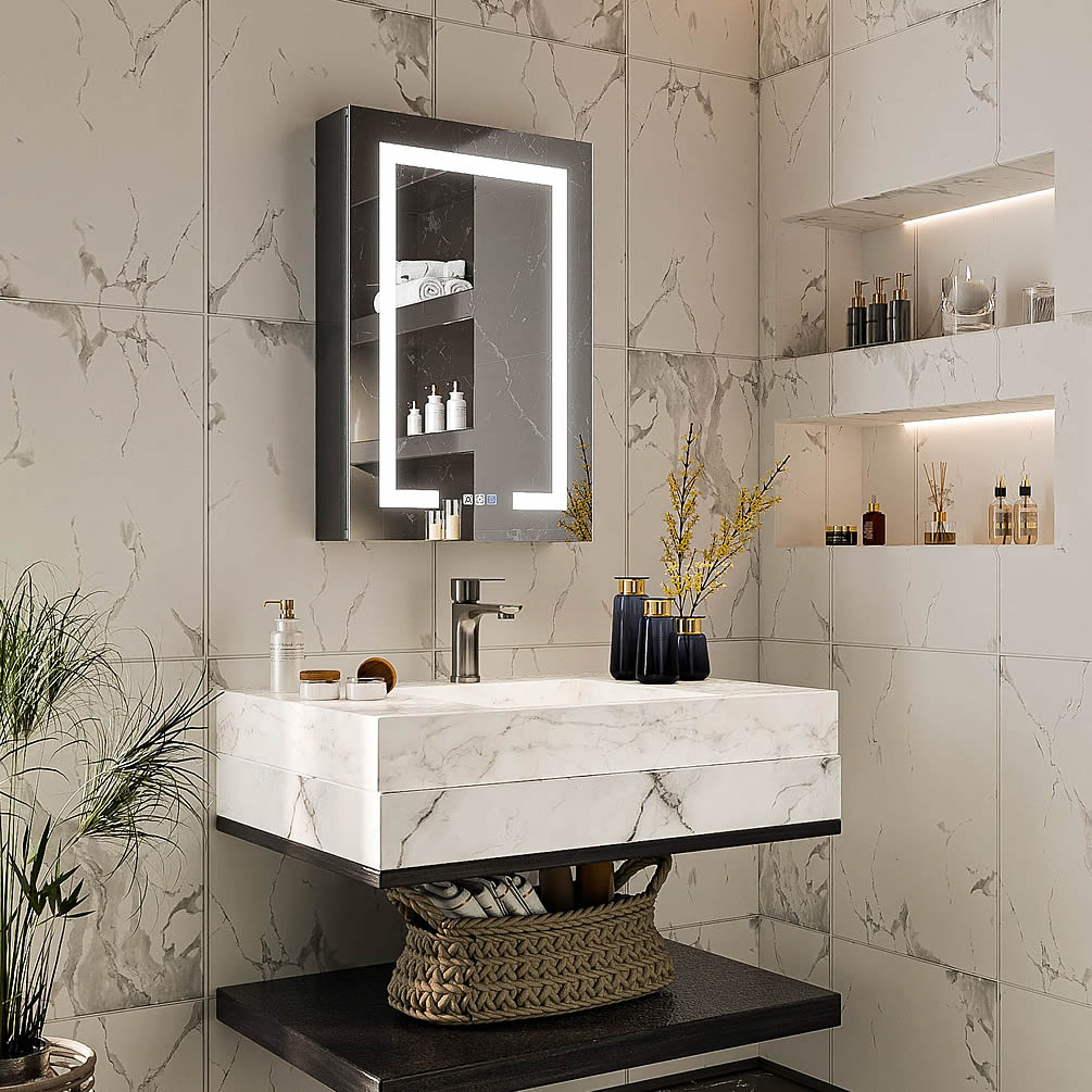 Belvara 20" x 30" Black-Framed Medicine Cabinet coordinates with your Matte Black bathroom hardware arrangement - giving increasing the sophisticated look of your bathroom.