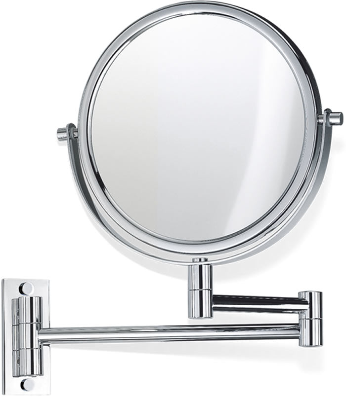 By Decor Walther, this makeup mirror has a 7.5" mirror section, extends to 12.3" and has a 1.6" x 2.4" (small) mounting plate.