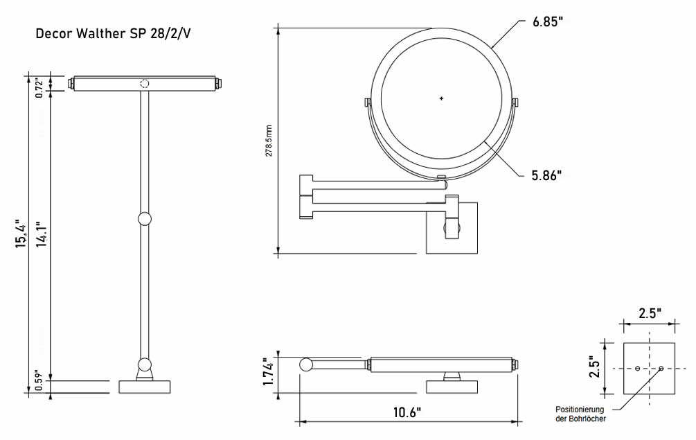 Decor Walther SP 28/2/V Wall Mounted Cosmetic Mirror - Technical Drawing
